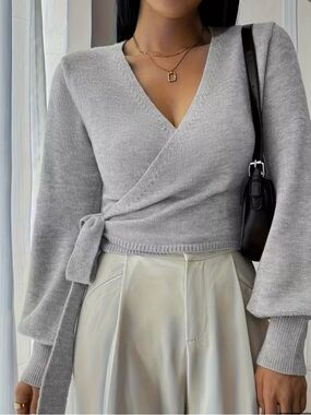 Gray Wrap Knit Cardigan Long Sleeve Side Tie Size L NEW Balletcore | Clean Girl